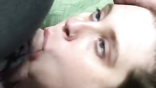 MASSIVE CUMSHOT IN SEXY BRUNETTE’S BLUE EYES AND FRECKLED FACE