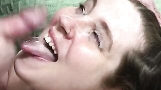 MASSIVE CUMSHOT IN SEXY BRUNETTE’S BLUE EYES AND FRECKLED FACE