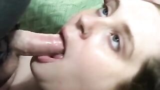 MASSIVE CUMSHOT IN SEXY BRUNETTE’S BLUE EYES AND FRECKLED FACE