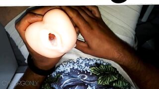 HORNY GUY MASTURBATES HIS HARD DICK THROUGH DOLL'S MOUTH UNTIL HUGE CUM IN CLOSEUP