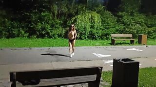 Horny milf walking naked on the bike path