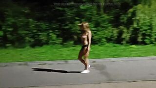 Horny milf walking naked on the bike path