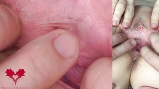 The mistress's cunt is stretched. Extreme close-up of her wide open pussy. POV