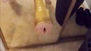 Skinny Guy With a Huge Cock Fucks His Fleshlight on the Mirror