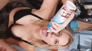 Messy hot MILF whipped cream blow job cum in mouth