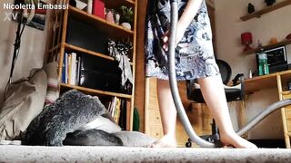 Fat italian stepmom vacuums carpet and very dirty floor