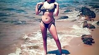 Amateur Australian Aussie on Beach with Public Exposure Strip and let's pussy get wet in the waves A