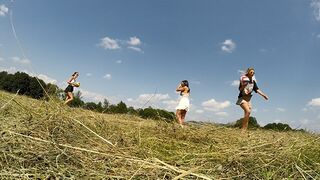 No Panties No Bra Girls Play Outdoors in the Wild to show Boobs and Pussy on a Summer Day