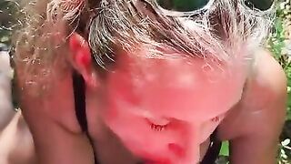 Big tits blonde Hotwife gives public blowjob outdoors and takes huge facial cumshot