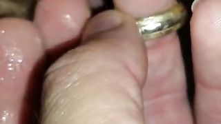 Putting my ring in my wife's cummy pussy