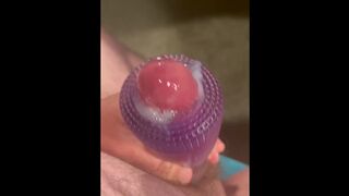 Jerking off with a toy with massive cumshot