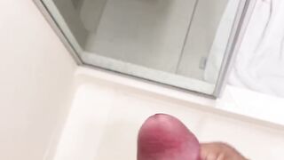 Daddy blasts huge cock Cumshot on expensive hotel shower glass