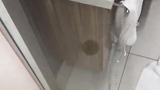 Daddy blasts huge cock Cumshot on expensive hotel shower glass