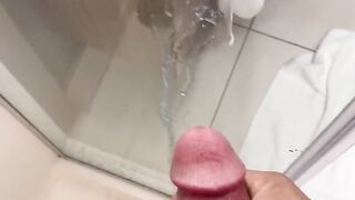 Daddy blasts huge cock Cumshot on expensive hotel shower glass