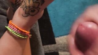 Huge cumshot on pretty lil toes before bull comes over