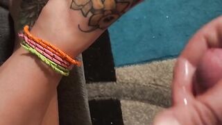 Huge cumshot on pretty lil toes before bull comes over