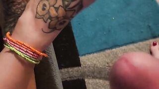 Huge cumshot on pretty lil toes before bull comes over