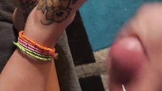 Huge cumshot on pretty lil toes before bull comes over