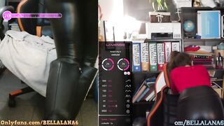 Teacher in leather leggings and boots is masturbating under her desk during the class (lush control)