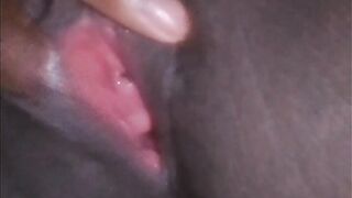 "Black ebony milf feeling horny while fingering her pink sexy tight pussy after a long day working.