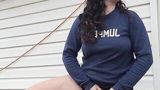 MILF Plays with pussy on patio