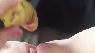 Teen Fucks her Tight little Pussy with a Banana & Squirts everywhere