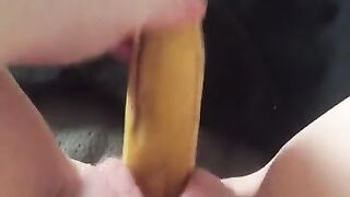 Teen Fucks her Tight little Pussy with a Banana & Squirts everywhere