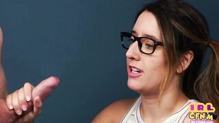 CFNM amateur chick with glasses sucking and tugging cock