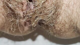 Delicious hairy pussy pissing mega close up