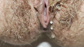 Delicious hairy pussy pissing mega close up