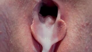 Spreading pretty pussy closeup pussy farts and pushing out massive creampie