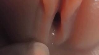 Fingering wet big pussy lips after long day at work