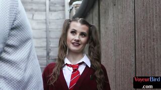 British collegeuniform voyeur teases guy who jerks outdoor