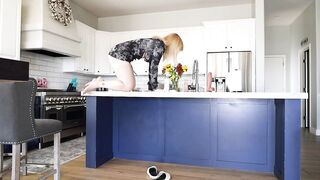 Kitchen Island Cleaning with Hot Blonde In a Mini Dress