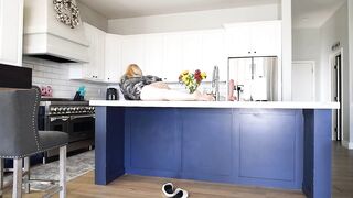 Kitchen Island Cleaning with Hot Blonde In a Mini Dress