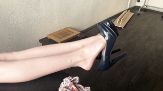 A strict teacher loves to wear high heels and play with them right in the classroom, from which her