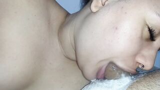 she sucks the dick with her big lips, sucking it deep until she eats and swallows all the cum