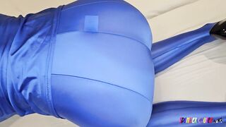 SpandexQueen ruins his orgasm and makes him cum again in her blue spandex shirt + leggings