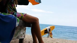 Up Skirt VIEW on Crowded Beach # PUBLIC NO PANTIES,just BUTT PLUG Wearing