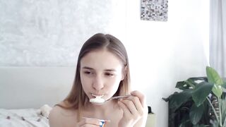 Gorgeous small tits teen eat yogurt