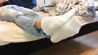 Blonde Teen in White Ankle Socks Teasing Cock in Pants