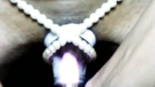 Straps on Pussy Eating Machine and Busts out of her Pearls Close up Orgasm