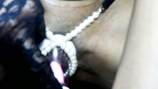 Straps on Pussy Eating Machine and Busts out of her Pearls Close up Orgasm