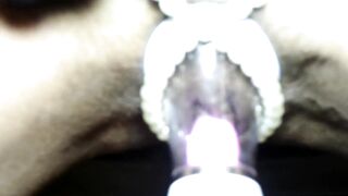 Straps on Pussy Eating Machine and Busts out of her Pearls Close up Orgasm