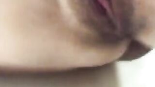 Pissing in Bathroom, Intensive Masturbate Hairy Pussy and came Pulsating