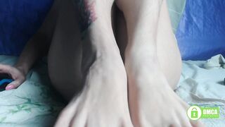 Teasing with Pretty Feet and Hairy Tattooed Legs. Feet Worship