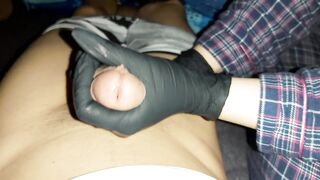 Black Latex Gloves Handjob with Huge Cumshot