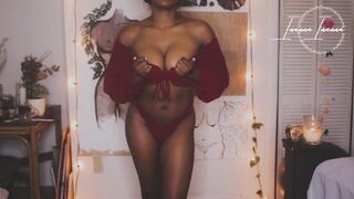 RED HOT Lingerie try on Haul Ebony Babe W/ Brown Perky Tits