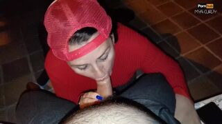 Risky Blowjob in the Night. Cum in Mouth, on Face and Tshirt