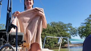 Wife taking a bath on sailboat